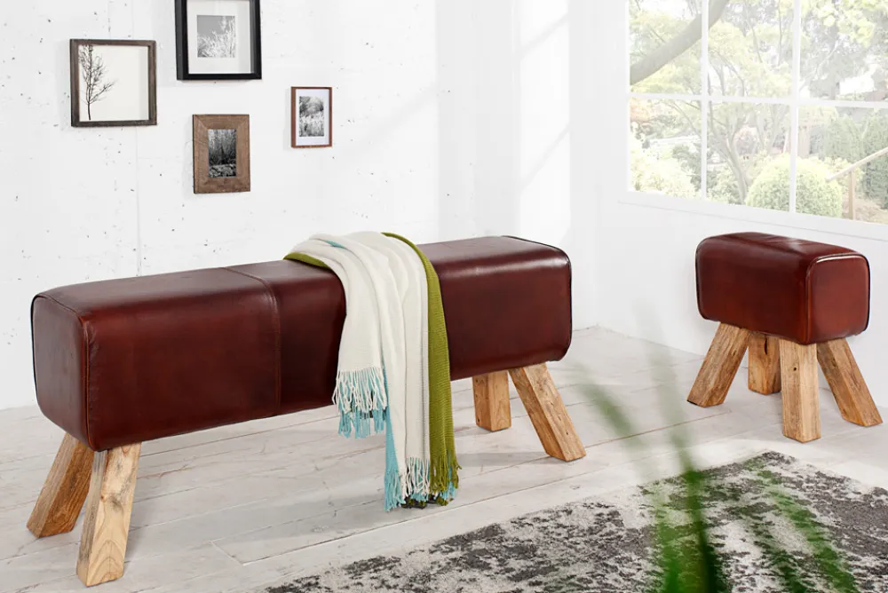 Riess-Ambiente Sitzhocker|Retro Möbel > Retro Sitzhocker TURNBOCK 40cm mit Echtleder Bezug Mangoholz Hocker
