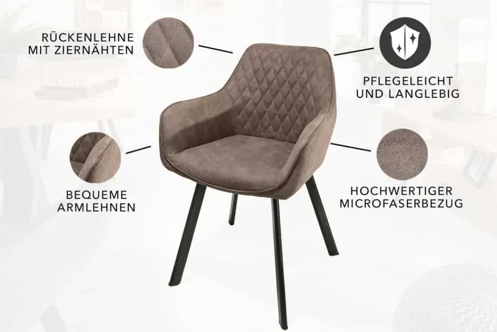 Riess-Ambiente Retro Möbel|Stühle > Retro Stuhl PALERMO taupe mit Armlehne und Ziersteppung