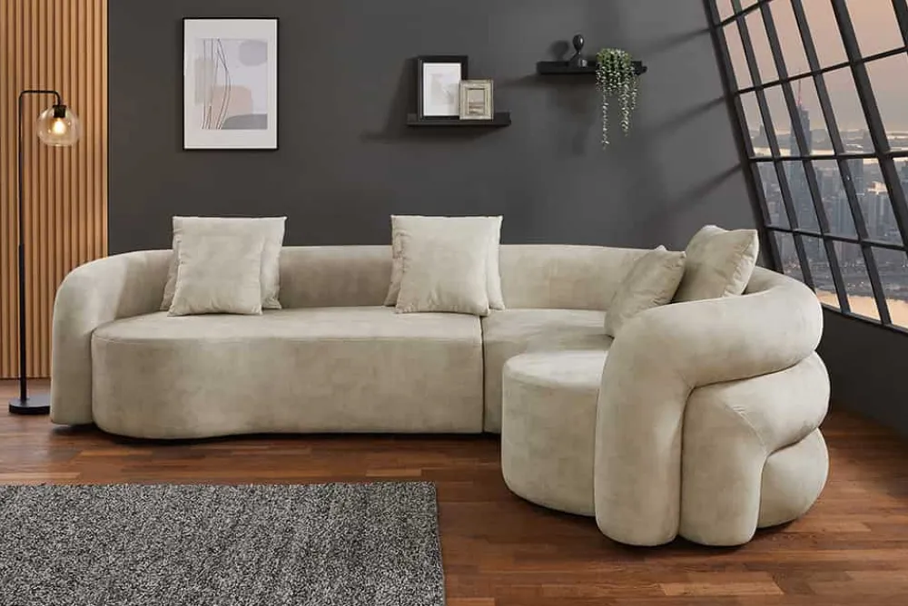 Riess-Ambiente Retro Möbel|Xxl Sofa > Retro Wohnlandschaft VOGUE 290cm beige Samt XXL-Sofa organische Form inkl. Kissen