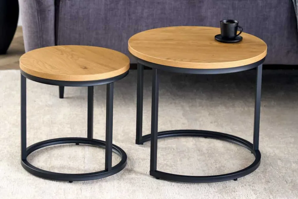 Riess-Ambiente Beistelltische|Industrial Loft > Runde Beistelltische 2er Set ELEGANCE 45cm natur Wildeiche-Design Holz schwarzes Metallgestell