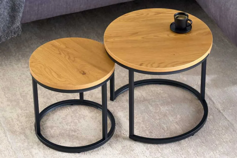 Riess-Ambiente Beistelltische|Industrial Loft > Runde Beistelltische 2er Set ELEGANCE 45cm natur Wildeiche-Design Holz schwarzes Metallgestell
