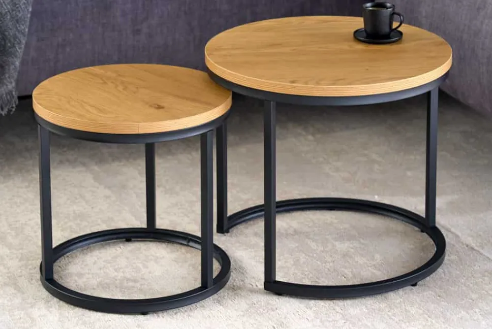 Riess-Ambiente Beistelltische|Industrial Loft > Runde Beistelltische 2er Set ELEGANCE 45cm natur Wildeiche-Design Holz schwarzes Metallgestell
