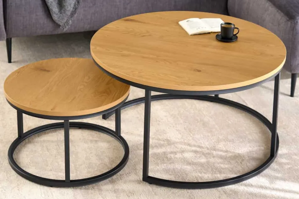 Riess-Ambiente Industrial Loft|Couchtische & Truhen > Runde Couchtische 2er Set ELEGANCE 80cm natur Wildeiche Holz-Design schwarzes Metallgestell