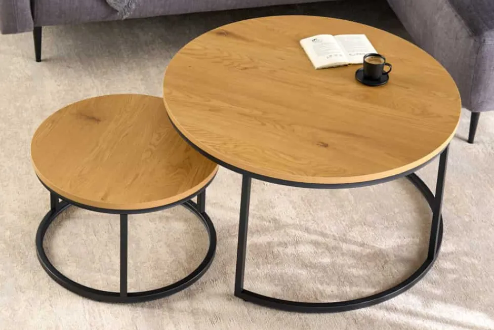 Riess-Ambiente Industrial Loft|Couchtische & Truhen > Runde Couchtische 2er Set ELEGANCE 80cm natur Wildeiche Holz-Design schwarzes Metallgestell