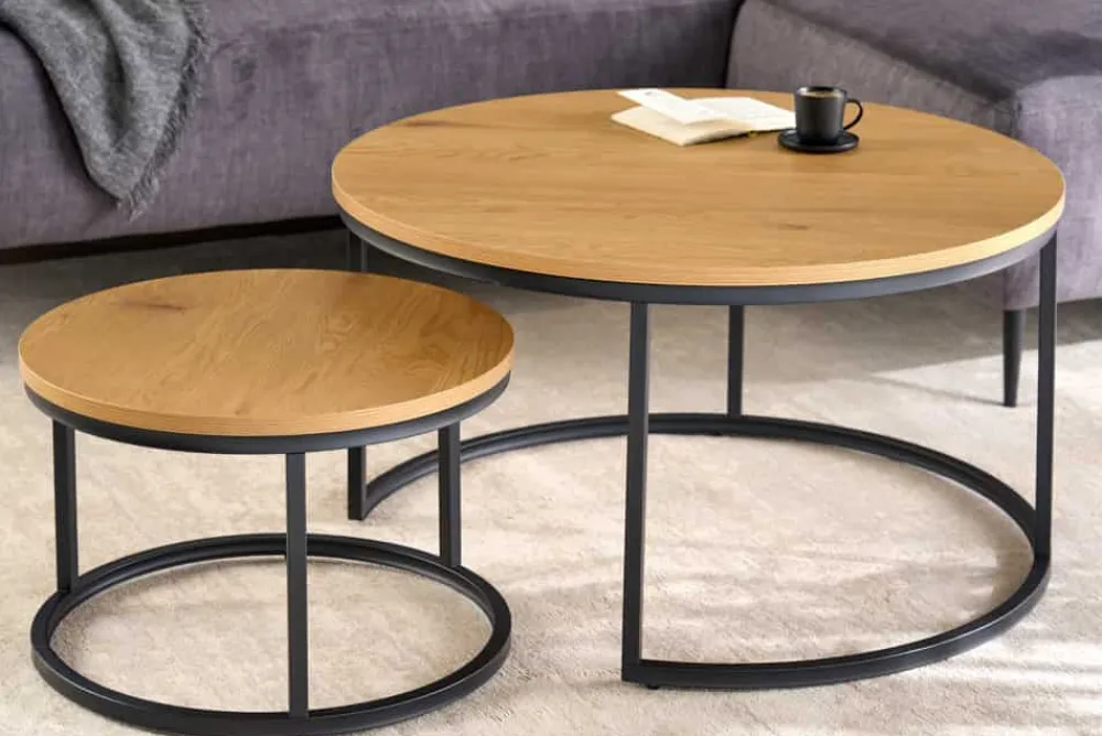 Riess-Ambiente Industrial Loft|Couchtische & Truhen > Runde Couchtische 2er Set ELEGANCE 80cm natur Wildeiche Holz-Design schwarzes Metallgestell