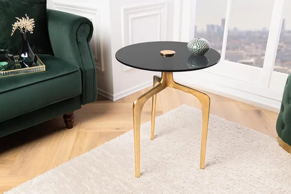 Riess-Ambiente Couchtische & Truhen|Retro Möbel > Runder Beistelltisch ABSTRACT 60cm messing gold Metallbeine Schwarzglas handmade