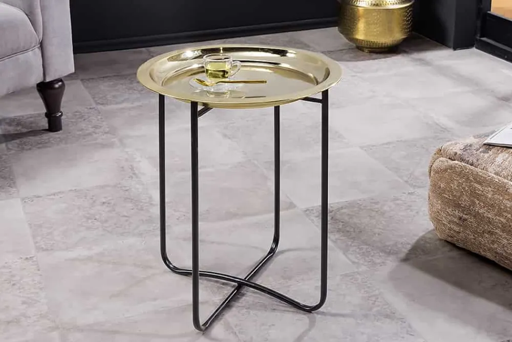 Riess-Ambiente Beistelltische|Goldene Möbel > Runder Beistelltisch CASABLANCA 50cm messing gold schwarz Tablett abnehmbar klappbar