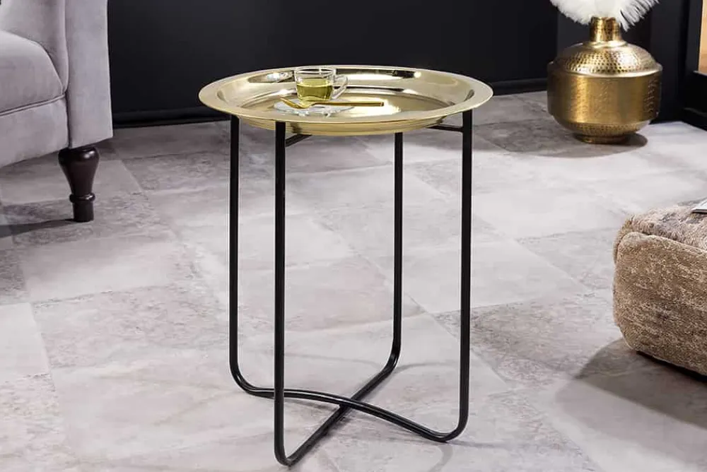 Riess-Ambiente Beistelltische|Goldene Möbel > Runder Beistelltisch CASABLANCA 50cm messing gold schwarz Tablett abnehmbar klappbar