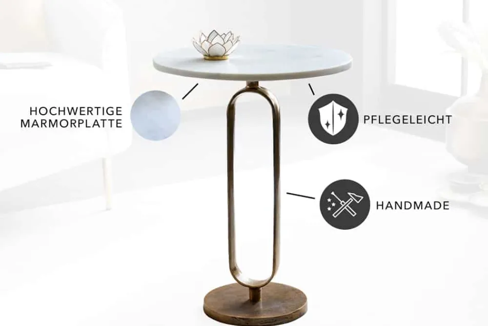 Riess-Ambiente Beistelltische|Goldene Möbel > Runder Beistelltisch ELEGANCE 60cm weiß gold antik Marmor Metall Aluminium handmade