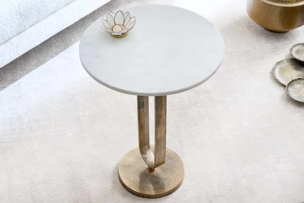 Riess-Ambiente Beistelltische|Goldene Möbel > Runder Beistelltisch ELEGANCE 60cm weiß gold antik Marmor Metall Aluminium handmade