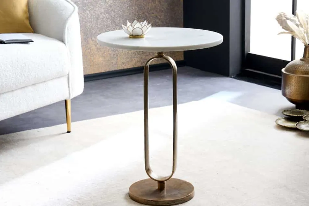 Riess-Ambiente Beistelltische|Goldene Möbel > Runder Beistelltisch ELEGANCE 60cm weiß gold antik Marmor Metall Aluminium handmade