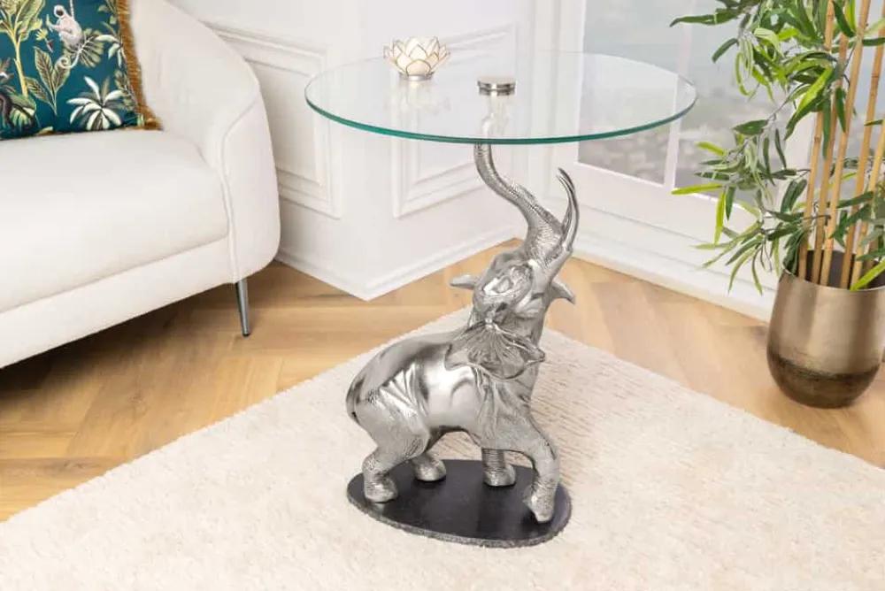 Riess-Ambiente Beistelltische > Runder Beistelltisch ELEPHANT 80cm silber Metall Glas Marmor Skulptur handmade