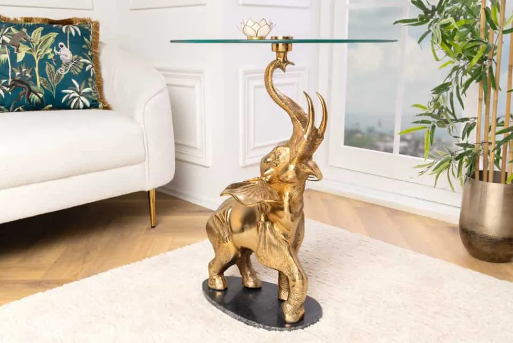 Riess-Ambiente Beistelltische > Runder Beistelltisch ELEPHANT 80cm gold Metall Glas Marmor Skulptur handmade