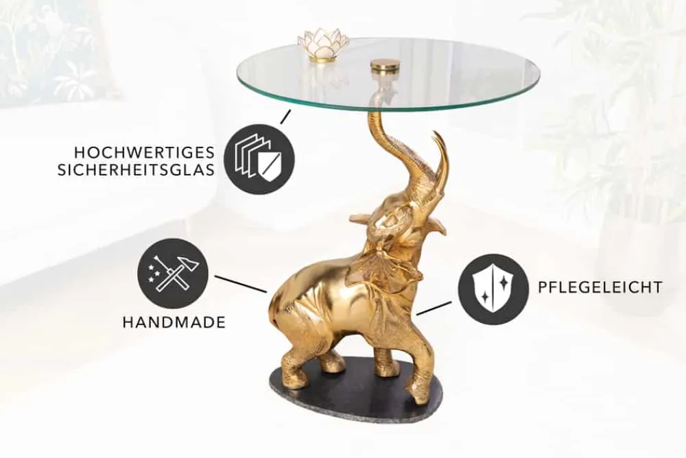 Riess-Ambiente Beistelltische > Runder Beistelltisch ELEPHANT 80cm gold Metall Glas Marmor Skulptur handmade