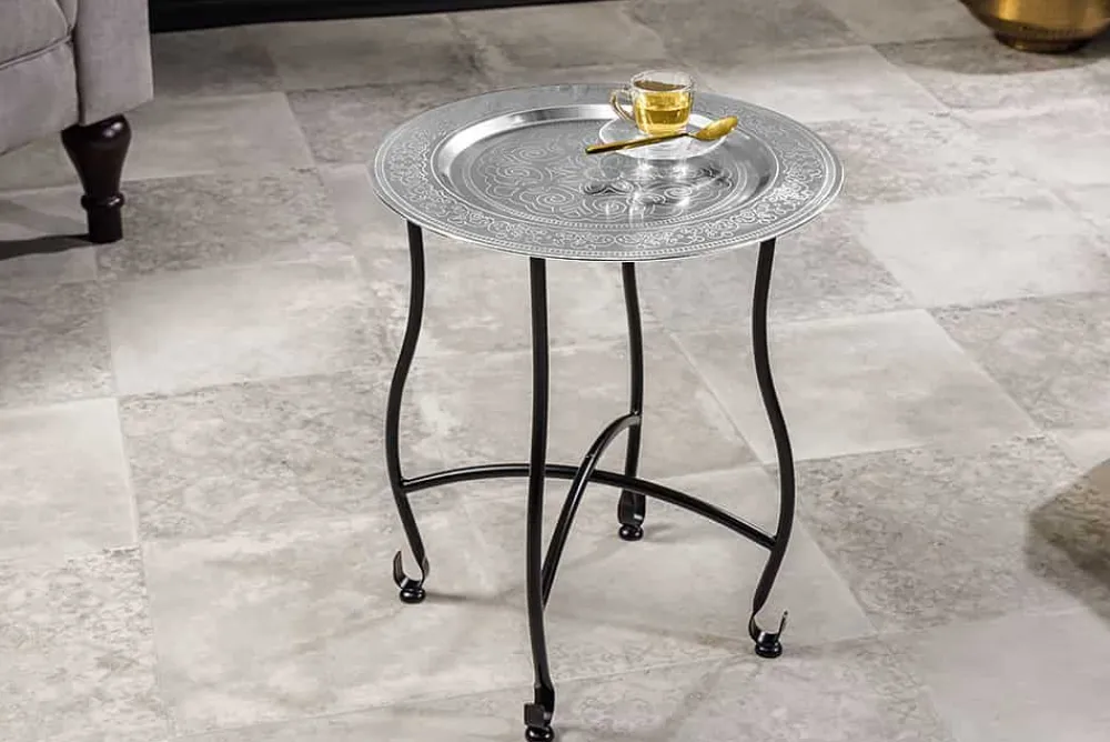 Riess-Ambiente Beistelltische > Runder Beistelltisch MARRAKESCH 50cm silber Teetisch abnehmbares Tablett klappbar
