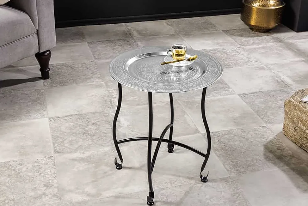 Riess-Ambiente Beistelltische > Runder Beistelltisch MARRAKESCH 50cm silber Teetisch abnehmbares Tablett klappbar