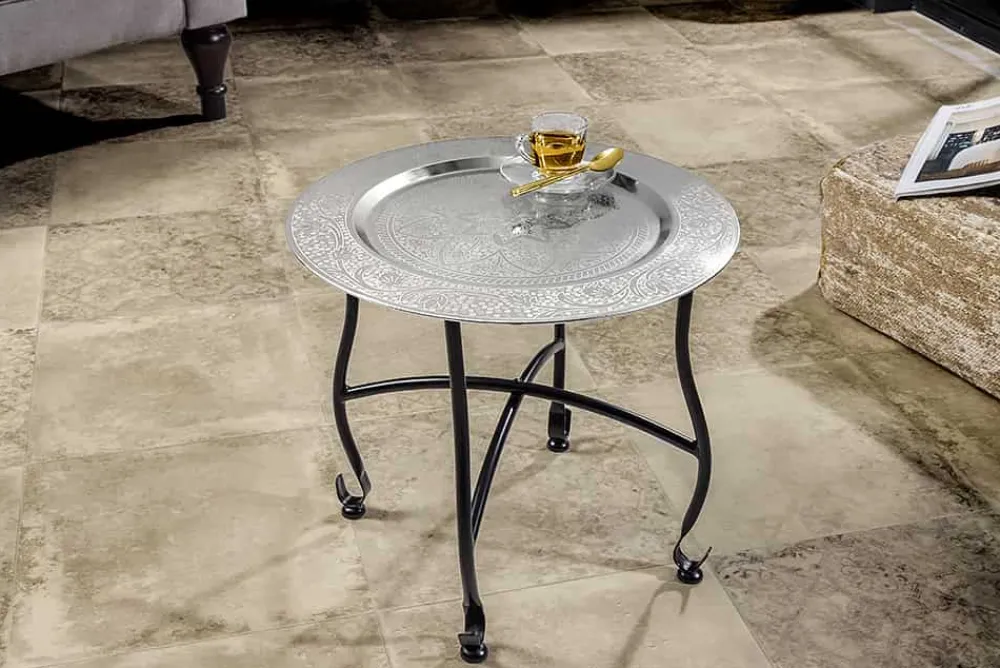 Riess-Ambiente Beistelltische > Runder Beistelltisch MARRAKESCH 40cm silber Teetisch abnehmbares Tablett klappbar