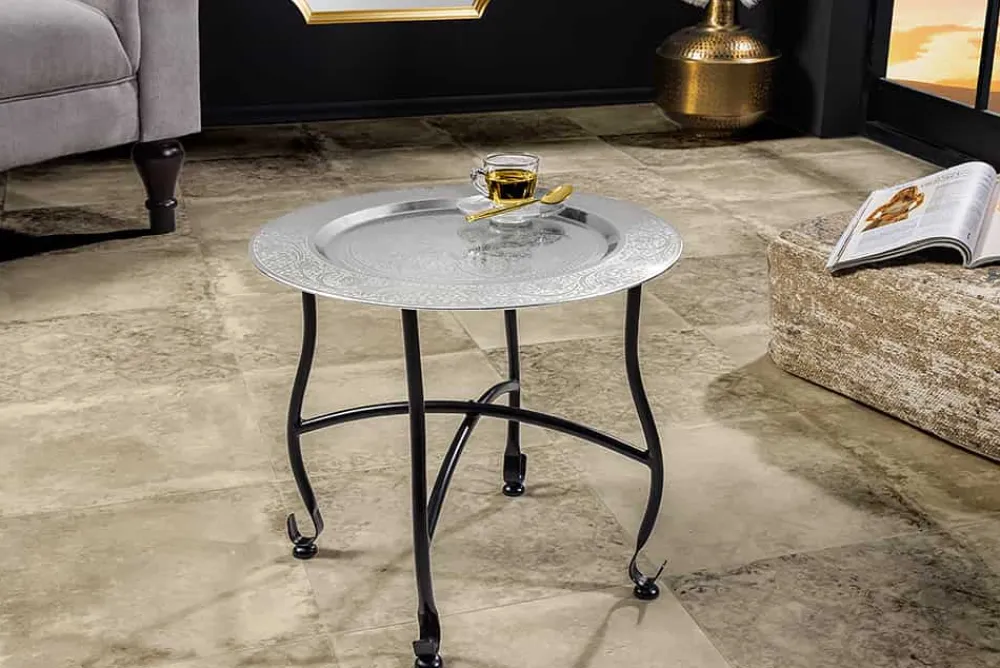 Riess-Ambiente Beistelltische > Runder Beistelltisch MARRAKESCH 40cm silber Teetisch abnehmbares Tablett klappbar