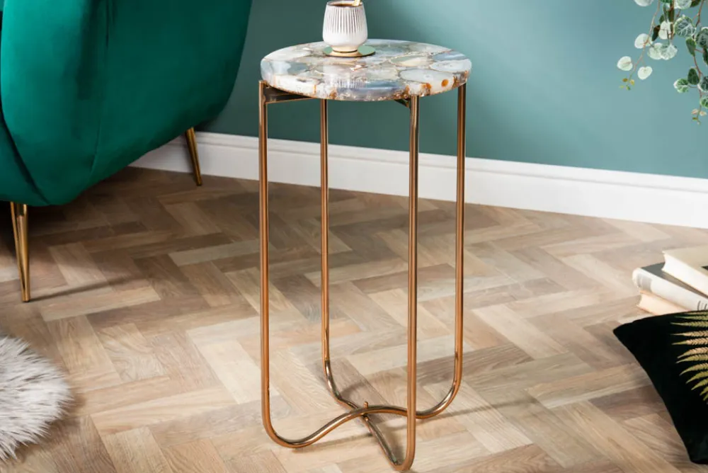 Riess-Ambiente Beistelltische|Goldene Möbel > Runder Beistelltisch NOBLE I 35cm Edelstein Achat klappbar goldenes Metallgestell