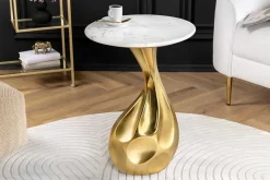 Riess-Ambiente Beistelltische|Goldene Möbel > Runder Beistelltisch TEAR 60cm gold weiß mit Marmor-Tischplatte handmade