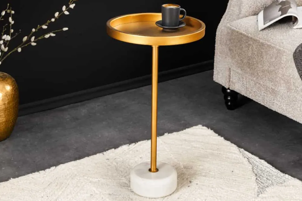 Riess-Ambiente Beistelltische|Goldene Möbel > Runder Beistelltisch TRAYFUL 60cm gold Eisen weiß Marmorfuß handmade
