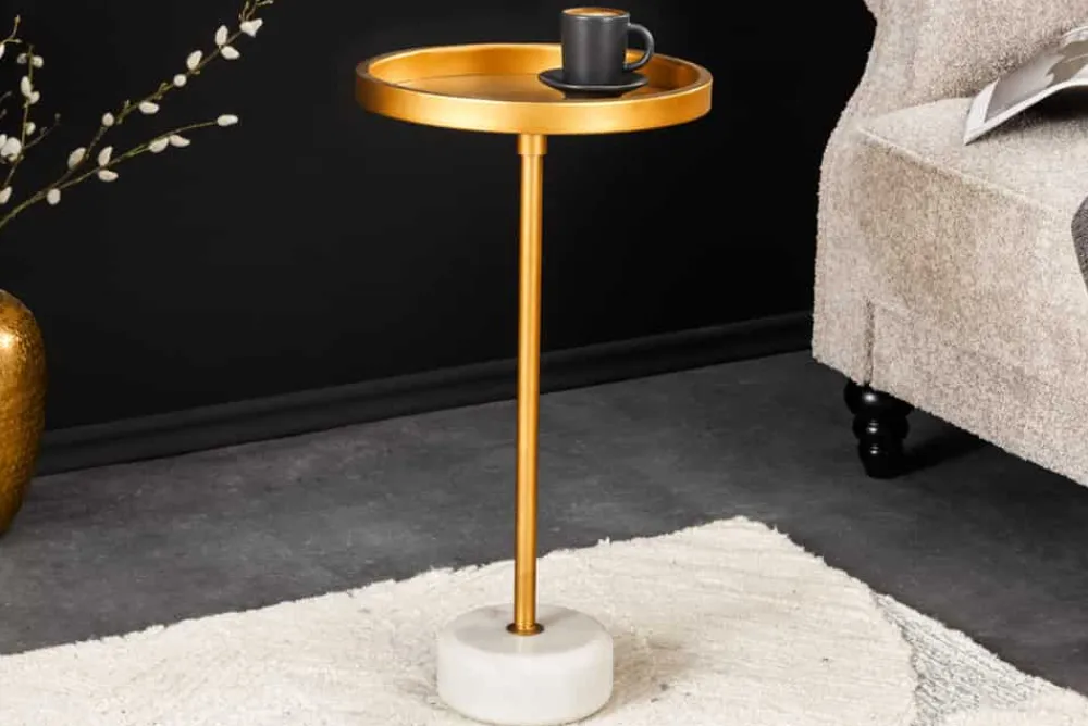Riess-Ambiente Beistelltische|Goldene Möbel > Runder Beistelltisch TRAYFUL 60cm gold Eisen weiß Marmorfuß handmade
