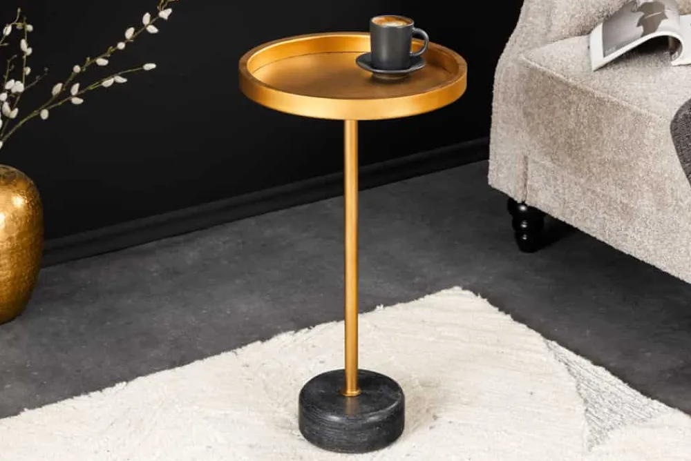 Riess-Ambiente Beistelltische|Goldene Möbel > Runder Beistelltisch TRAYFUL 60cm gold Eisen schwarzer Marmorfuß handmade
