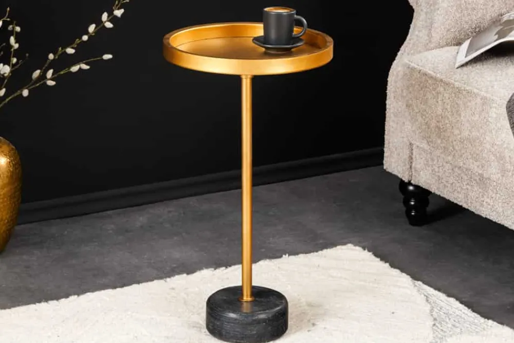 Riess-Ambiente Beistelltische|Goldene Möbel > Runder Beistelltisch TRAYFUL 60cm gold Eisen schwarzer Marmorfuß handmade