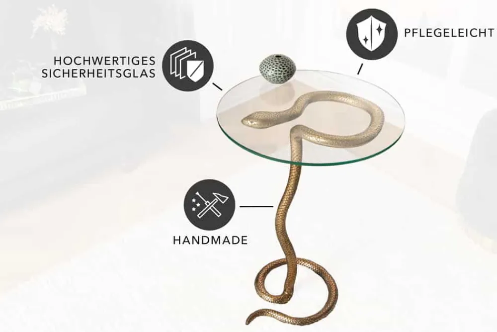 Riess-Ambiente Beistelltische > Runder Beistelltisch WILDLIFE SNAKE 65cm kupfer antik Metall Glas handmade