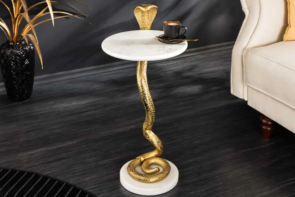 Riess-Ambiente Beistelltische|Goldene Möbel > Runder Beistelltisch WILDLIFE COBRA 65cm gold weiß Marmor Schlangen-Skulptur handmade