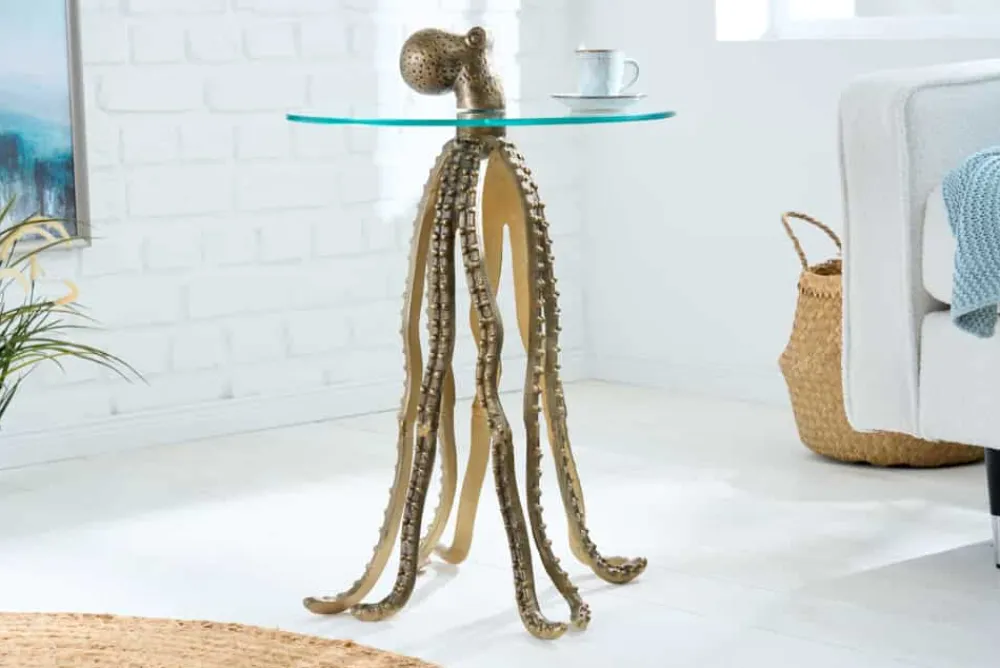 Riess-Ambiente Beistelltische|Goldene Möbel > Runder Beistelltisch WILDLIFE OCTOPUS 70cm messing gold Metall Glas Skulptur handmade