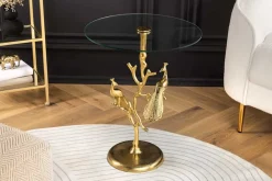 Riess-Ambiente Beistelltische|Goldene Möbel > Runder Beistelltisch WILDLIFE PEACOCK 60cm gold Glasplatte Metall Pfauen-Skulptur