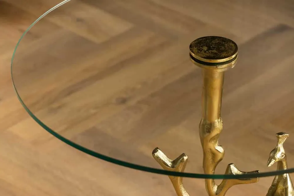 Riess-Ambiente Beistelltische|Goldene Möbel > Runder Beistelltisch WILDLIFE PEACOCK 60cm gold Glasplatte Metall Pfauen-Skulptur