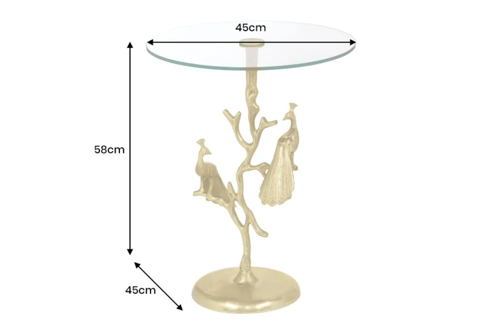 Riess-Ambiente Beistelltische|Goldene Möbel > Runder Beistelltisch WILDLIFE PEACOCK 60cm gold Glasplatte Metall Pfauen-Skulptur