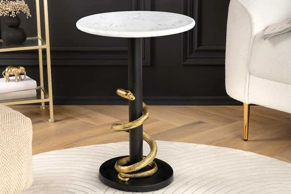 Riess-Ambiente Beistelltische|Goldene Möbel > Runder Beistelltisch WILDLIFE SNAKE 55cm weiß Marmor gold schwarz Schlange Skulptur