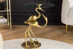 Riess-Ambiente Beistelltische|Goldene Möbel > Runder Beistelltisch WILDLIFE CRANE 55cm gold Glas Kranich-Skulptur handmade