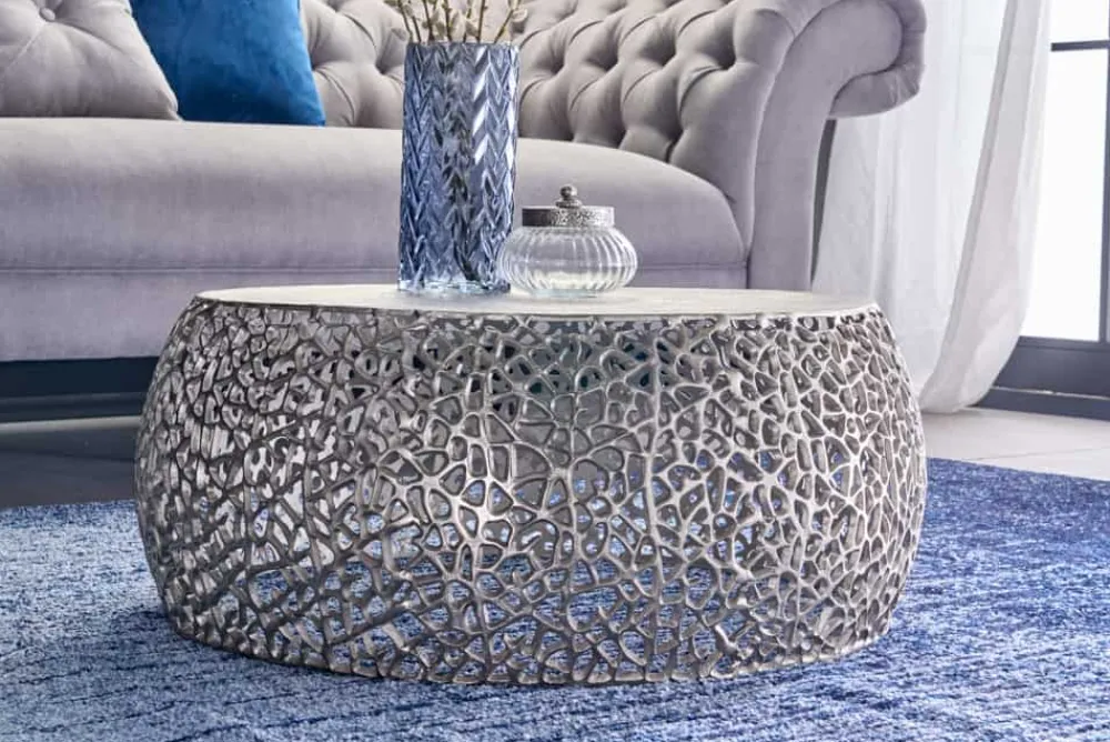 Riess-Ambiente Couchtische & Truhen > Runder Couchtisch ABSTRACT LEAF 75cm silber antik Metall filigrane Handarbeit