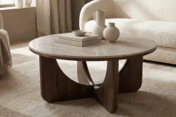 Riess-Ambiente Skandinavisch|Couchtische & Truhen > Runder Couchtisch ENSO 80cm champagner greige Travertin Keramik Walnussholz