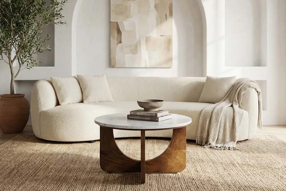 Riess-Ambiente Skandinavisch|Couchtische & Truhen > Runder Couchtisch ENSO 60cm weiß Marmor braun massiv Mangoholz