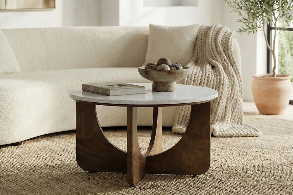 Riess-Ambiente Skandinavisch|Couchtische & Truhen > Runder Couchtisch ENSO 60cm weiß Marmor braun massiv Mangoholz