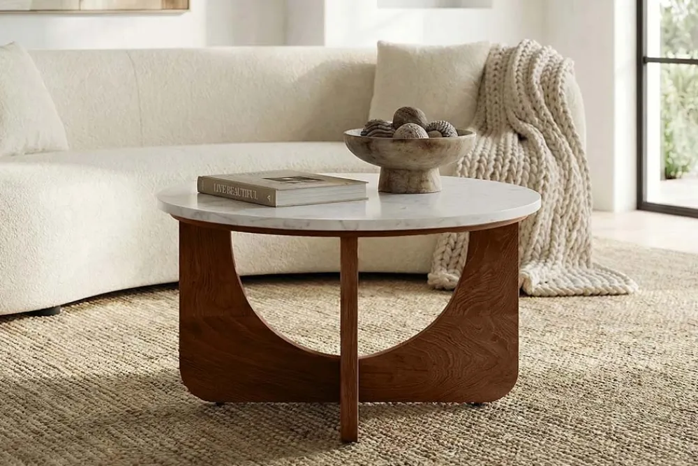 Riess-Ambiente Skandinavisch|Couchtische & Truhen > Runder Couchtisch ENSO 60cm weiß Marmor braun massiv Mangoholz