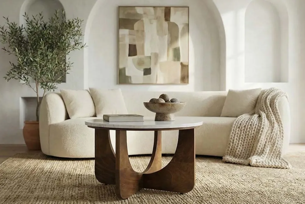 Riess-Ambiente Skandinavisch|Couchtische & Truhen > Runder Couchtisch ENSO 60cm weiß Marmor braun massiv Mangoholz
