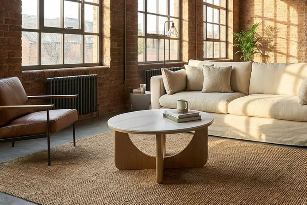 Riess-Ambiente Skandinavisch|Couchtische & Truhen > Runder Couchtisch ENSO 80cm weiß Marmor Keramik Eichenholz