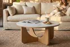 Riess-Ambiente Skandinavisch|Couchtische & Truhen > Runder Couchtisch ENSO 80cm weiß Marmor Keramik Eichenholz