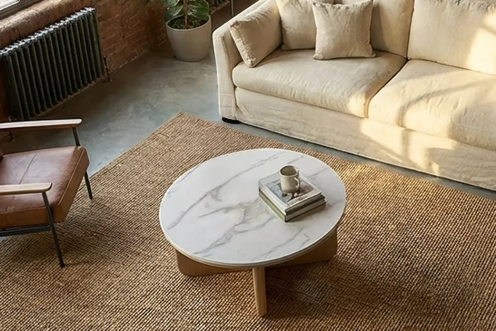 Riess-Ambiente Skandinavisch|Couchtische & Truhen > Runder Couchtisch ENSO 80cm weiß Marmor Keramik Eichenholz