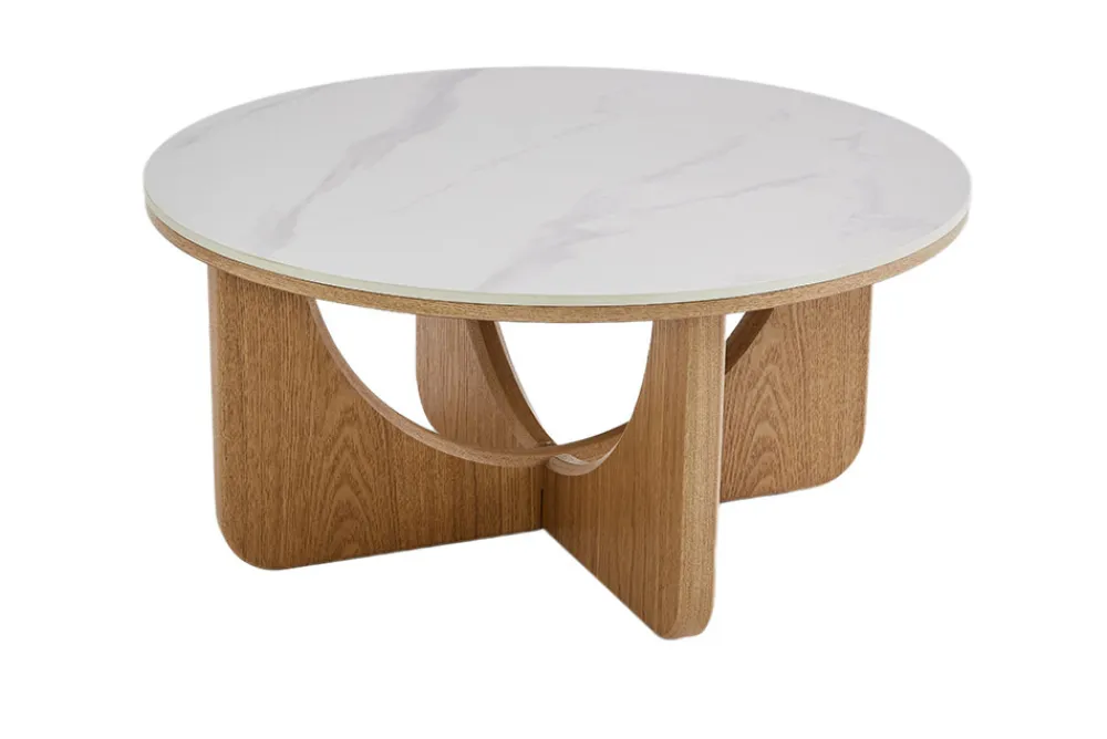 Riess-Ambiente Skandinavisch|Couchtische & Truhen > Runder Couchtisch ENSO 80cm weiß Marmor Keramik Eichenholz