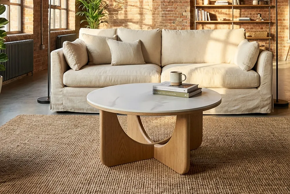 Riess-Ambiente Skandinavisch|Couchtische & Truhen > Runder Couchtisch ENSO 80cm weiß Marmor Keramik Eichenholz
