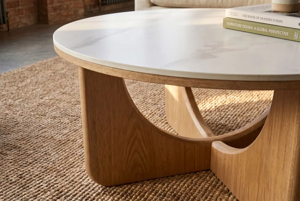 Riess-Ambiente Skandinavisch|Couchtische & Truhen > Runder Couchtisch ENSO 80cm weiß Marmor Keramik Eichenholz