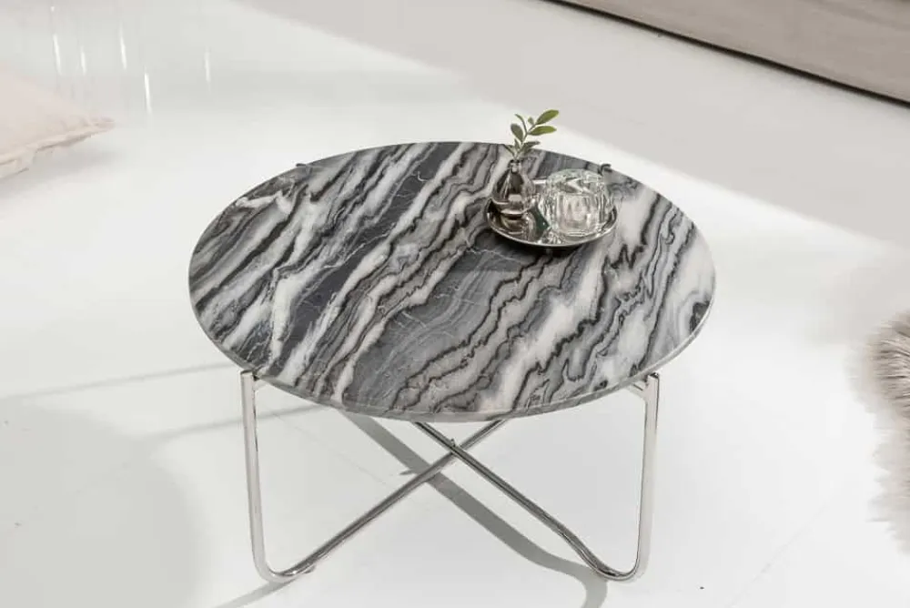 Riess-Ambiente Couchtische & Truhen > Runder Couchtisch NOBLE 65cm grau Marmor abnehmbare Tischplatte klappbar silber Metall
