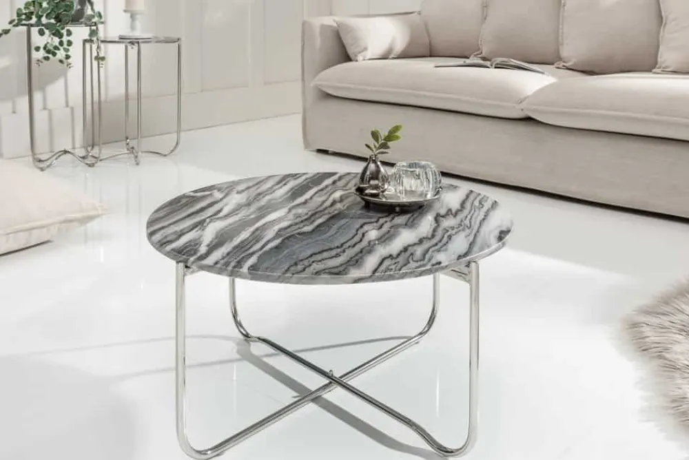Riess-Ambiente Couchtische & Truhen > Runder Couchtisch NOBLE 65cm grau Marmor abnehmbare Tischplatte klappbar silber Metall